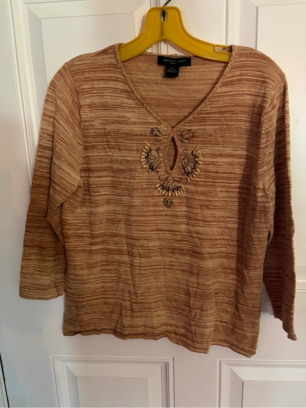 august silk Tan Striped V-Neck Knit Top with Bead Embellishment